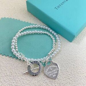 ✨ Tiffany & Co. Heart Tag Pearl & Silver Toggle Wrap Bracelet